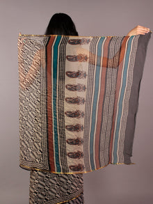 Beige Black Maroon Teal Green Hand Block Printed Chiffon Saree - S031701839
