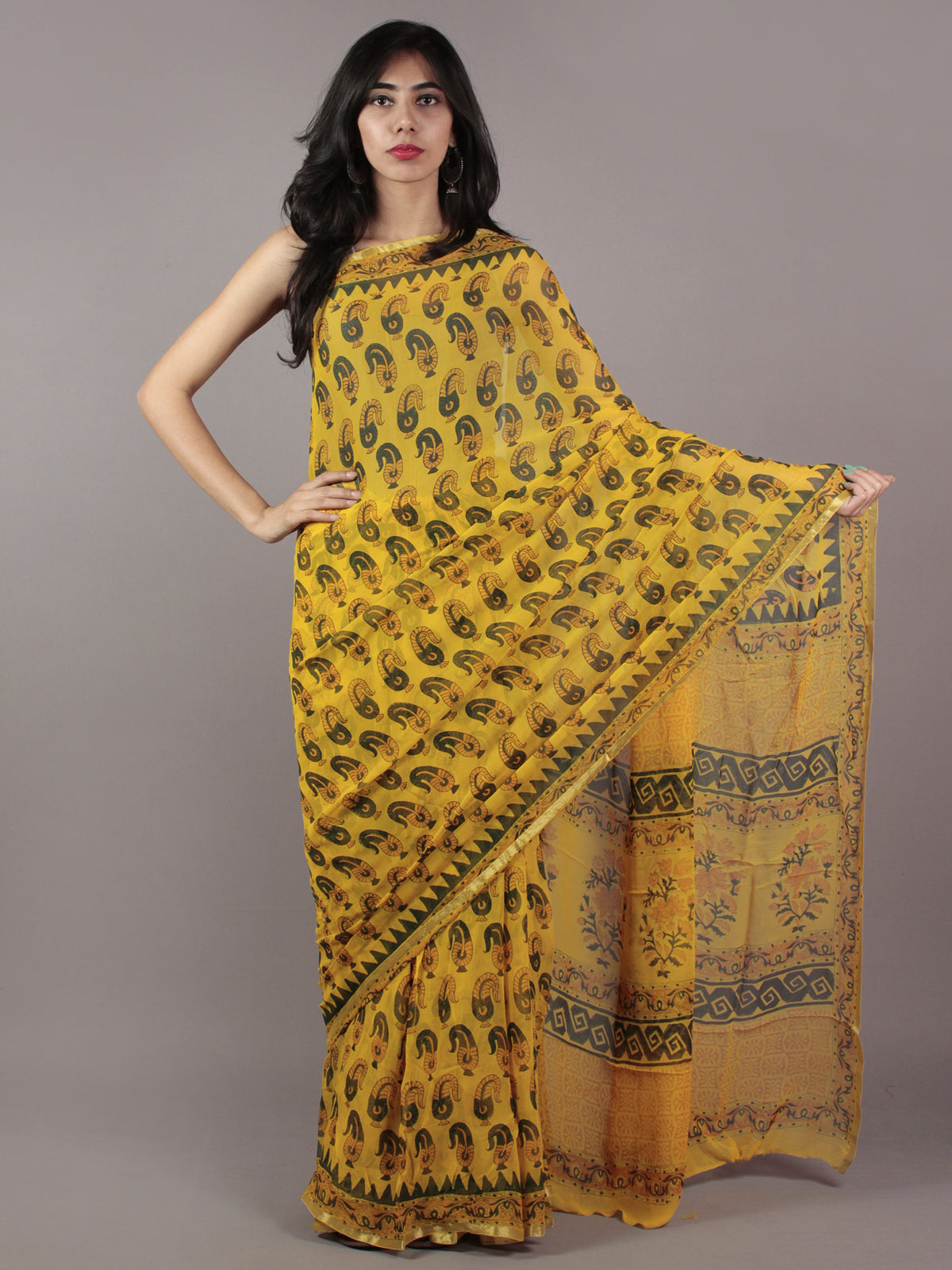 Yellow Green Light Orange Hand Block Printed Chiffon Saree - S031701855