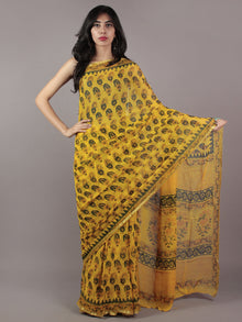 Yellow Green Light Orange Hand Block Printed Chiffon Saree - S031701855