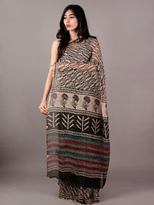 Beige Black Maroon Teal Green Hand Block Printed Chiffon Saree - S031701840