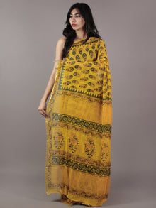 Yellow Green Light Orange Hand Block Printed Chiffon Saree - S031701855