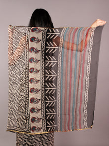 Beige Black Maroon Teal Green Hand Block Printed Chiffon Saree - S031701840