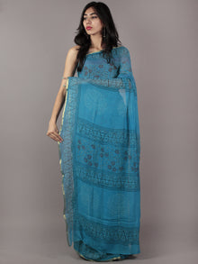 Azure grey  Hand Block Printed Chiffon Saree - S031701857