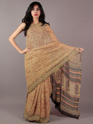 Beige Maroon Black Hand Block Printed Chiffon Saree - S031701843
