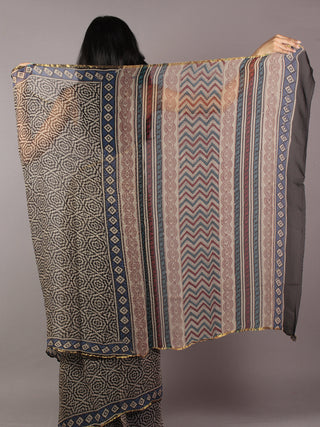 Beige Black Blue Red Hand Block Printed Chiffon Saree - S031701860