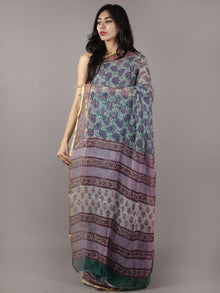 Green Purple Off White Grey Hand Block Printed Chiffon Saree - S031701861