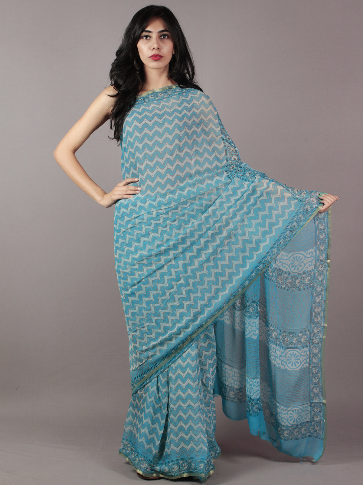 Sky Blue Off White Grey Hand Block Printed Chiffon Saree - S031701862