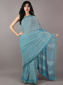 Sky Blue Off White Grey Hand Block Printed Chiffon Saree - S031701862