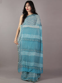 Sky Blue Off White Grey Hand Block Printed Chiffon Saree - S031701862