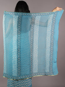 Sky Blue Off White Grey Hand Block Printed Chiffon Saree - S031701862