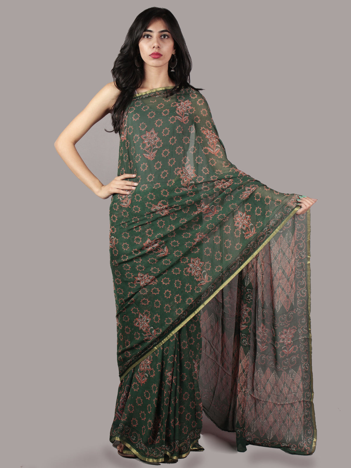 Hunter Green Pink Hand Block Printed Chiffon Saree - S031701864