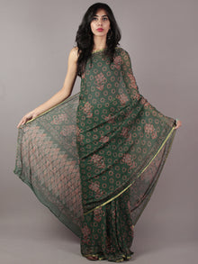 Hunter Green Pink Hand Block Printed Chiffon Saree - S031701864
