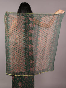 Hunter Green Pink Hand Block Printed Chiffon Saree - S031701864