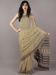 Beige Green Black Hand Block Printed Chiffon Saree - S031701865