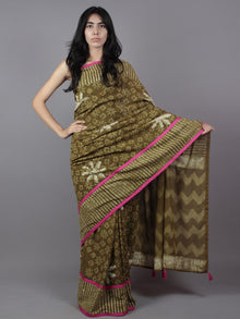 Olive Green Ivory Hand Block Printed Cotton Saree With Magenta Border & Tassels - S031701878