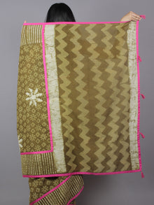 Olive Green Ivory Hand Block Printed Cotton Saree With Magenta Border & Tassels - S031701878