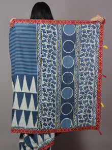 Indigo Ivory Hand Block Printed Cotton Saree With Maroon Ajrarkh Printed Border & Tassels - S031701869