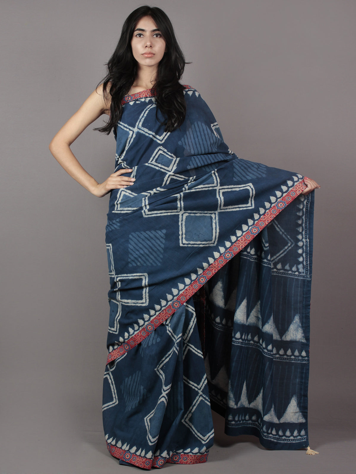 Indigo Ivory Hand Block Printed Cotton Saree With Maroon Ajrarkh Printed Border & Tassels - S031701870