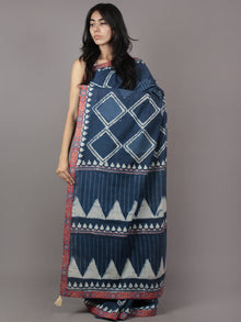 Indigo Ivory Hand Block Printed Cotton Saree With Maroon Ajrarkh Printed Border & Tassels - S031701870
