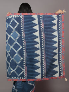 Indigo Ivory Hand Block Printed Cotton Saree With Maroon Ajrarkh Printed Border & Tassels - S031701870