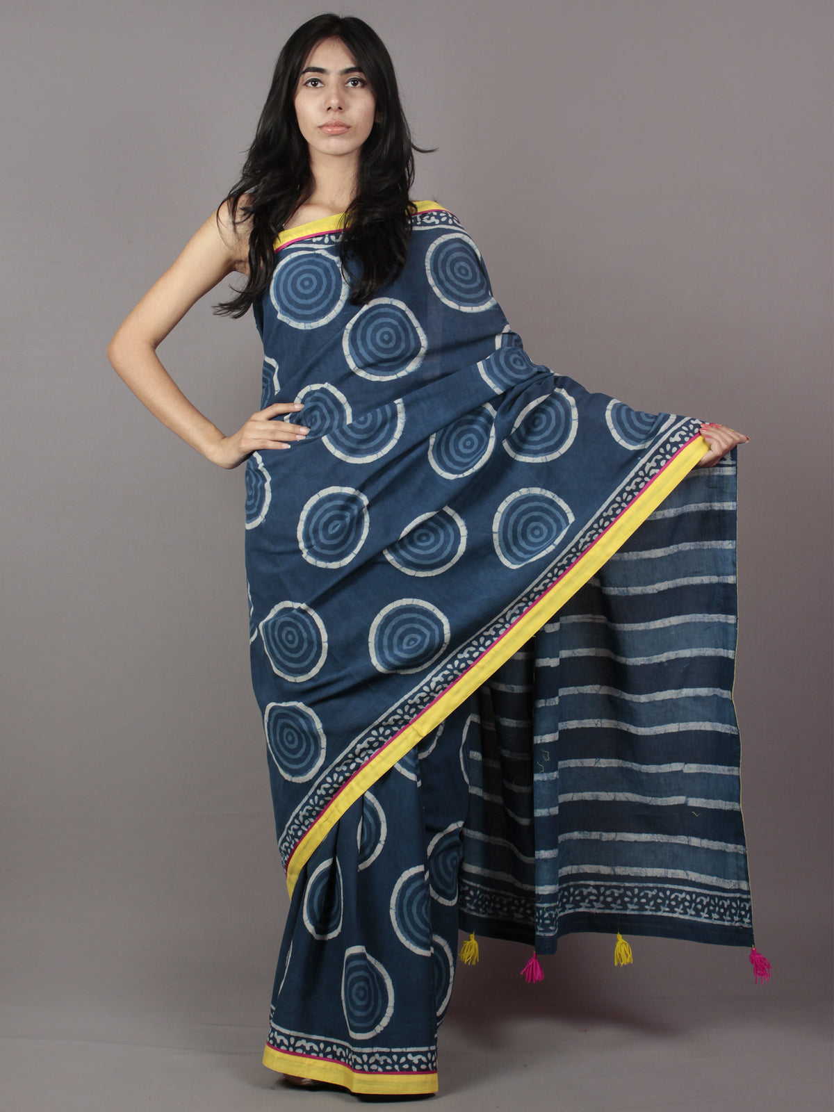 Indigo Ivory Hand Block Printed Cotton Saree With Yellow Border & Tassels - S031701871