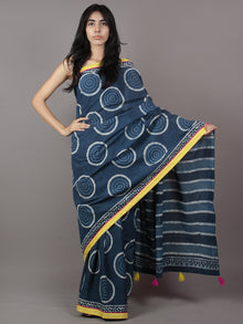 Indigo Ivory Hand Block Printed Cotton Saree With Yellow Border & Tassels - S031701871