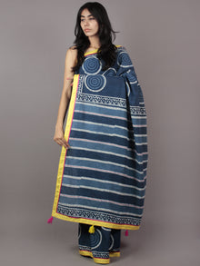 Indigo Ivory Hand Block Printed Cotton Saree With Yellow Border & Tassels - S031701871