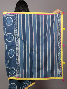 Indigo Ivory Hand Block Printed Cotton Saree With Yellow Border & Tassels - S031701871