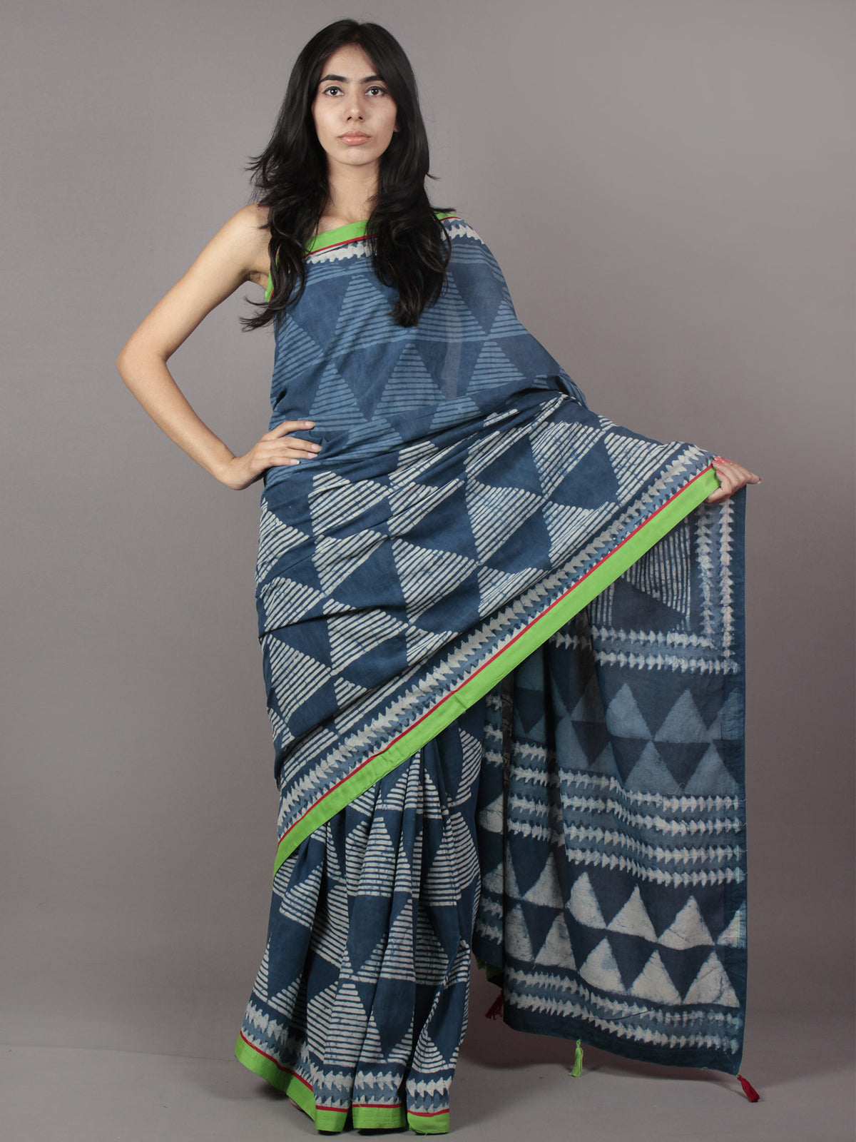 Indigo Ivory Hand Block Printed Cotton Saree With Green Border & Tassels - S031701872