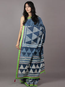 Indigo Ivory Hand Block Printed Cotton Saree With Green Border & Tassels - S031701872