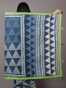 Indigo Ivory Hand Block Printed Cotton Saree With Green Border & Tassels - S031701872