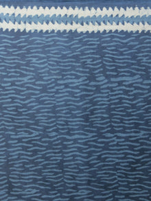 Indigo Ivory Hand Block Printed Cotton Saree With Green Border & Tassels - S031701872