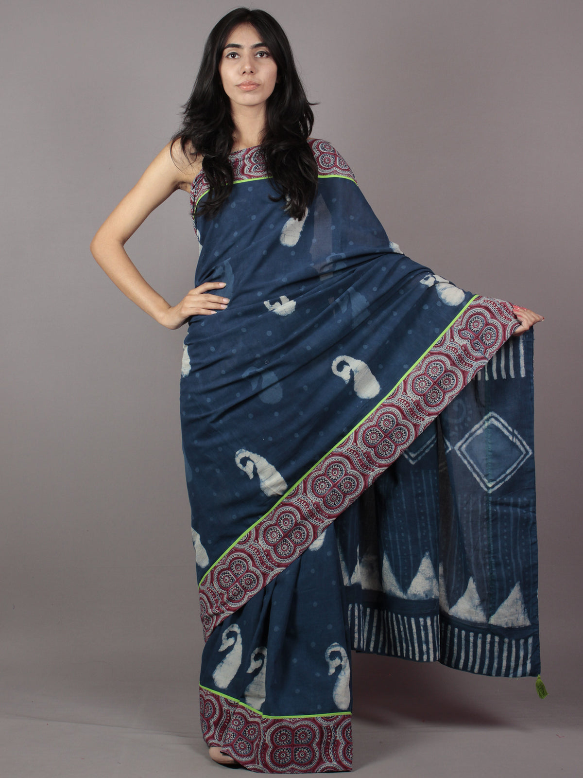 Indigo Ivory Hand Block Printed Cotton Saree With Maroon Ajrakh Printed Border & Tassels - S031701873