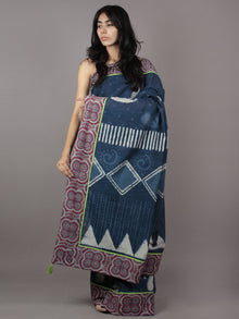 Indigo Ivory Hand Block Printed Cotton Saree With Maroon Ajrakh Printed Border & Tassels - S031701873