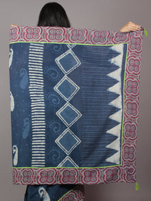 Indigo Ivory Hand Block Printed Cotton Saree With Maroon Ajrakh Printed Border & Tassels - S031701873