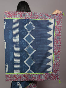 Indigo Ivory Hand Block Printed Cotton Saree With Maroon Ajrakh Printed Border & Tassels - S031701873
