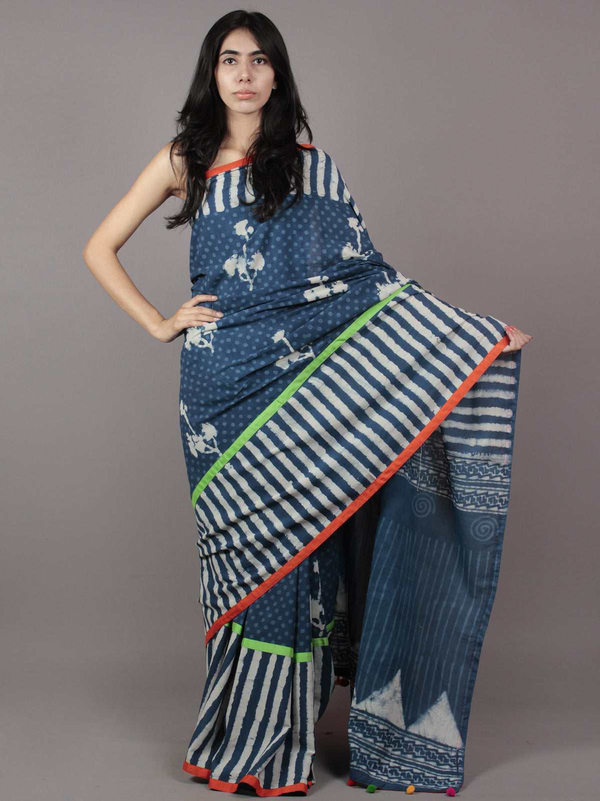 Indigo Ivory Hand Block Printed Cotton Saree With Green Orange Border & Tassels - S031701875