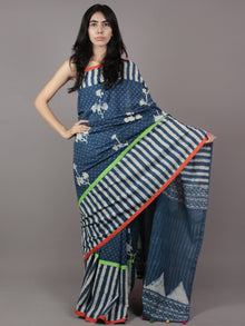 Indigo Ivory Hand Block Printed Cotton Saree With Green Orange Border & Tassels - S031701875
