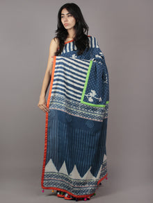 Indigo Ivory Hand Block Printed Cotton Saree With Green Orange Border & Tassels - S031701875