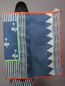 Indigo Ivory Hand Block Printed Cotton Saree With Green Orange Border & Tassels - S031701875