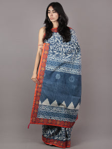 Indigo Ivory Hand Block Printed Cotton Saree With Ajrakh Printed Border & Tassels - S031701877