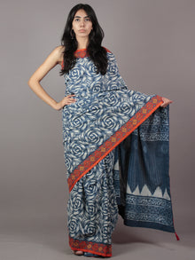 Indigo Ivory Hand Block Printed Cotton Saree With Ajrakh Printed Border & Tassels - S031701877