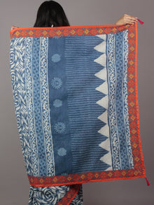 Indigo Ivory Hand Block Printed Cotton Saree With Ajrakh Printed Border & Tassels - S031701877
