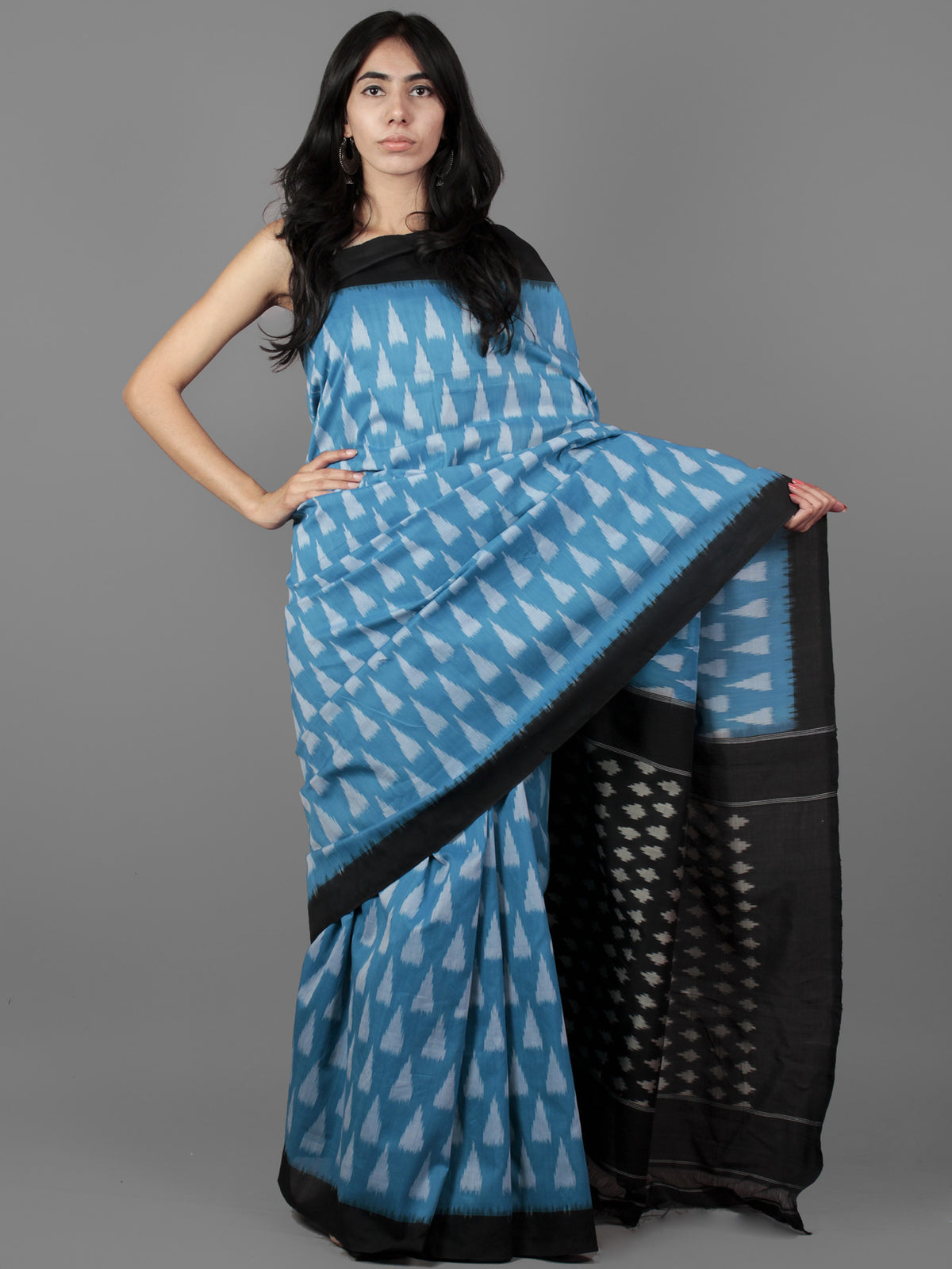 Sky Blue Ivory Black Ikat Handwoven Pochampally Mercerized Cotton Saree - S031701902