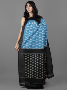 Sky Blue Ivory Black Ikat Handwoven Pochampally Mercerized Cotton Saree - S031701902