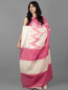 Pastel Pink Ivory Ikat Handwoven Pochampally Mercerized Cotton Saree - S031701903