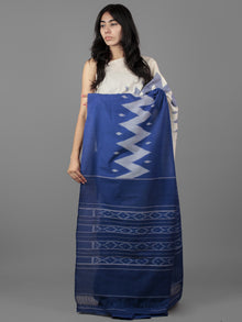 Ivory Blue Grey Ikat Handwoven Pochampally Mercerized Cotton Saree - S031701904