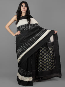 Black White Grey Ikat Handwoven Pochampally Mercerized Cotton Saree - S031701906