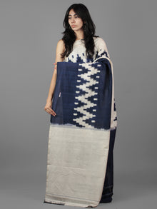 Indigo Ivory Double Ikat Handwoven Pochampally Mercerized Cotton Saree - S031701908