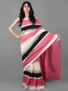 Pastel Pink Black Ivory Ikat Handwoven Pochampally Mercerized Cotton Saree - S031701909